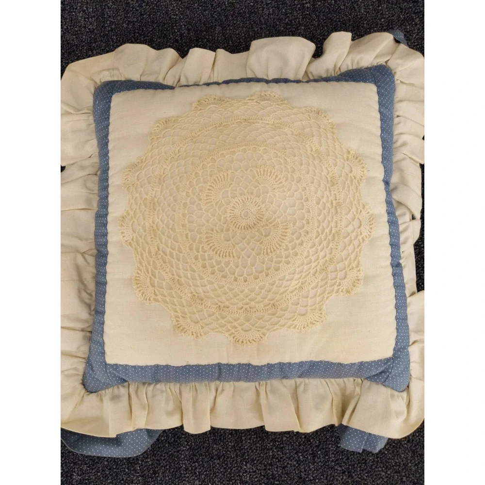 Vintage Accent Pillow Blue White Polka Dot Crochet Doily Ruffle